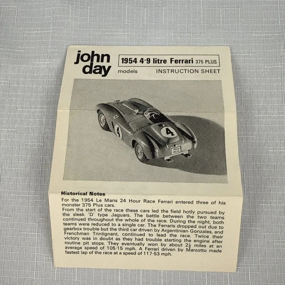 JOHN DAY 1954 4.9 L FERRARI ORIGINAL BOX INSTRUCTIONS NO DECALS